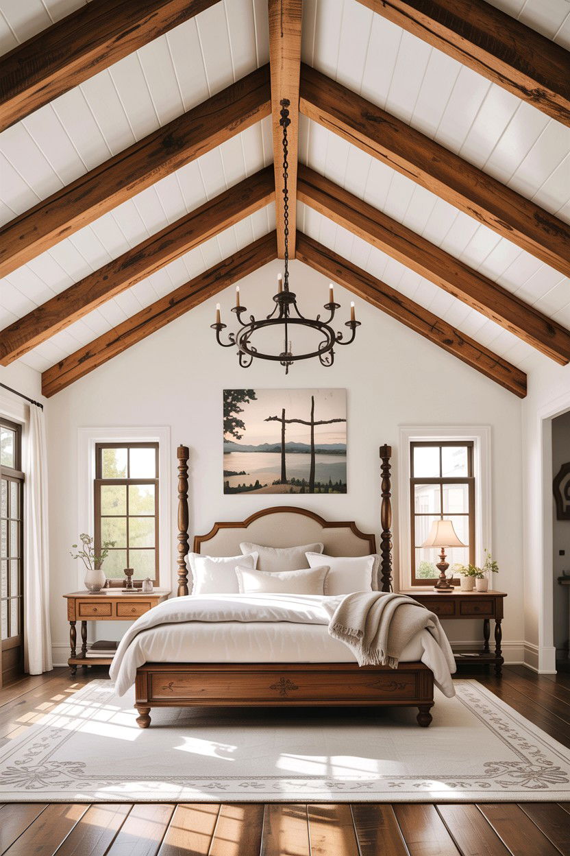 Wood Ceiling Beams - 30 rustic white bedroom ideas