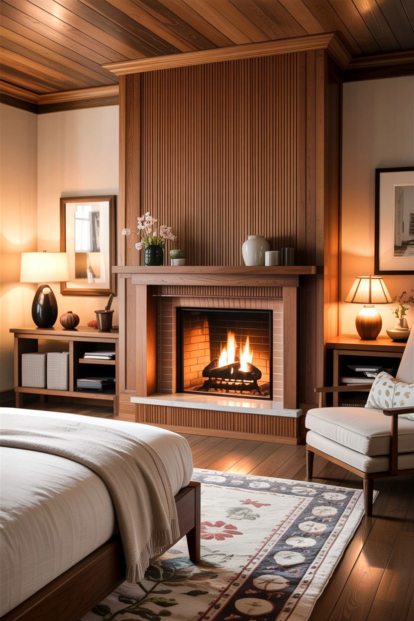 Wood Paneled Fireplace - 30 bedroom with fireplace ideas