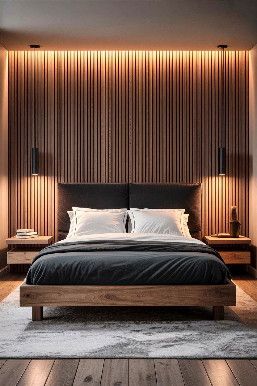 Wood Slat Accent Bedroom - 30 layered texture bedroom ideas