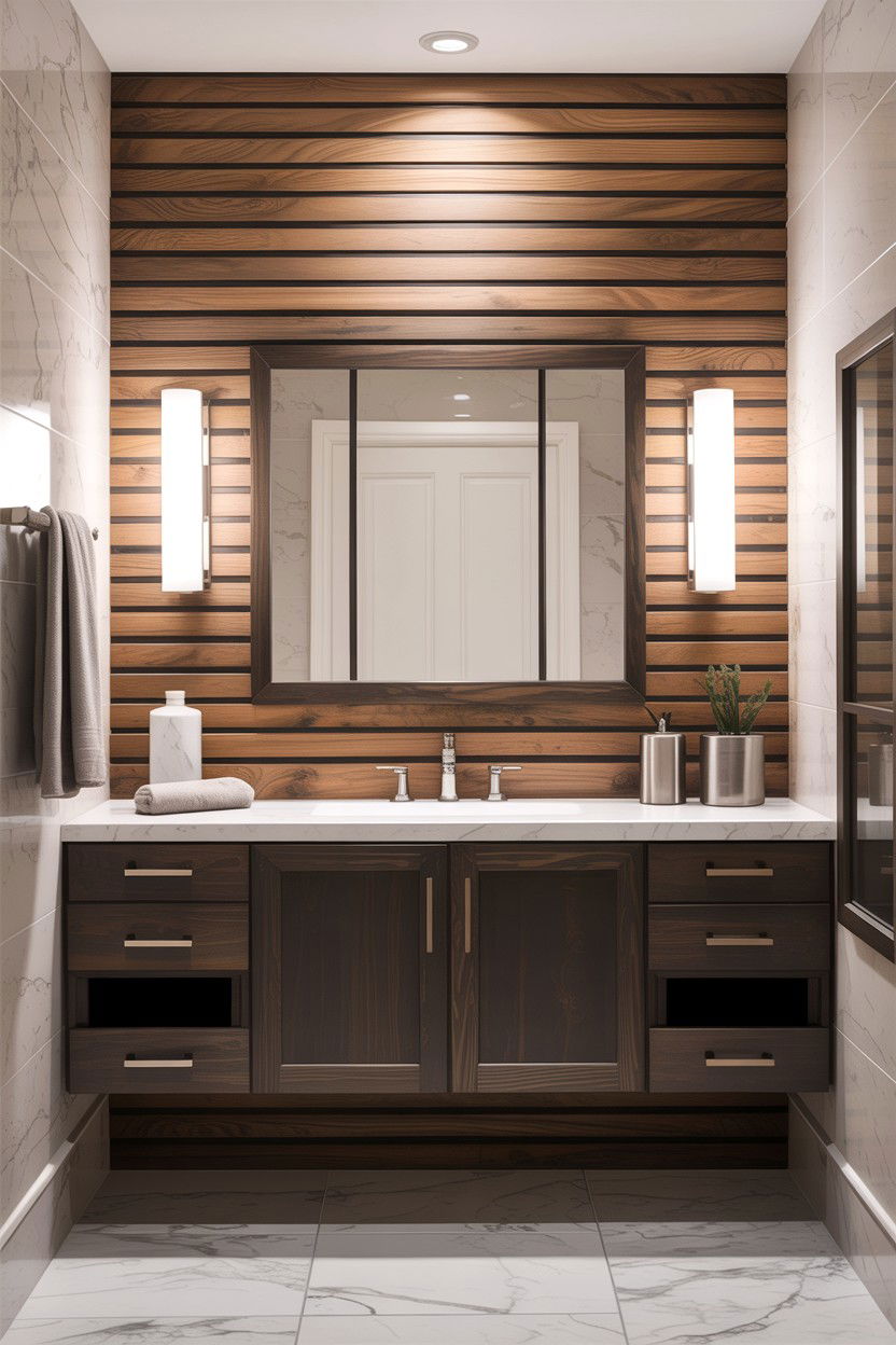 Wood Slat Wall - 30 DIY bathroom decor ideas