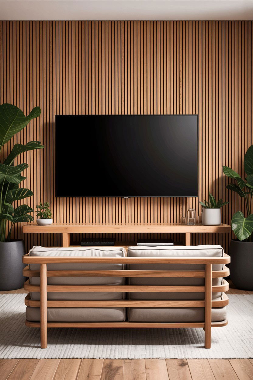 Wood Slat Wall - 30 boutique hotel living room ideas