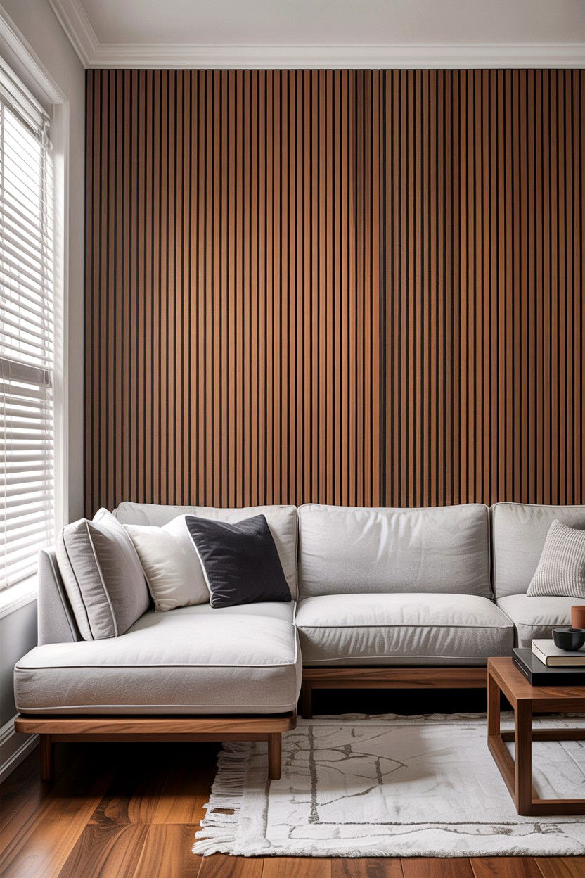 Wood Slat Wall - 30 living room custom woodwork ideas