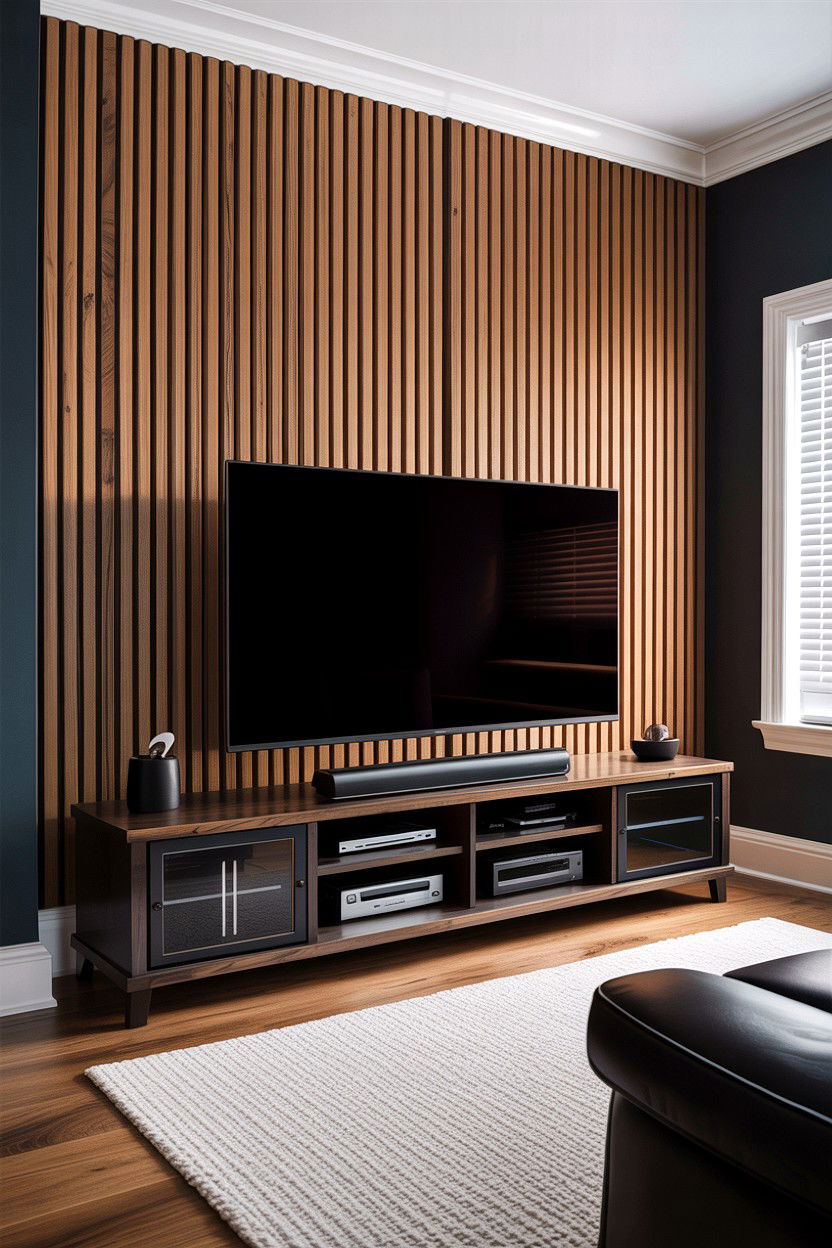 Wood Slat Wall Gaming Backdrop - 30 gaming living room ideas