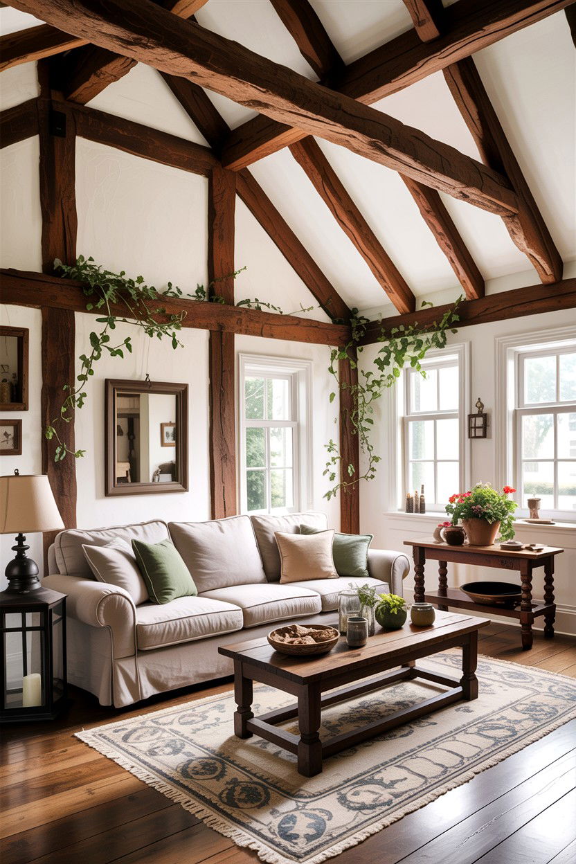 Wood beam - 30 garden themed living room ideas