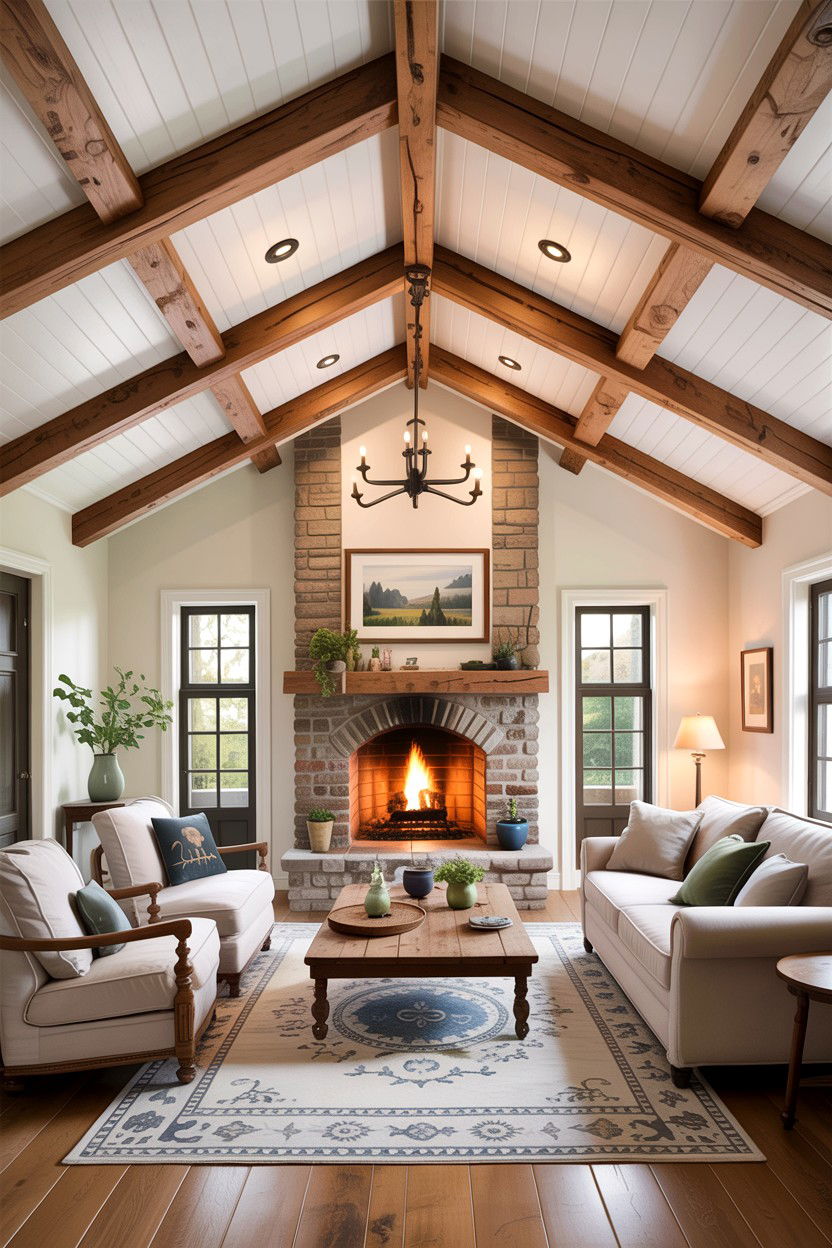 Wood beam ceiling living room - 30 living room fifth wall ideas