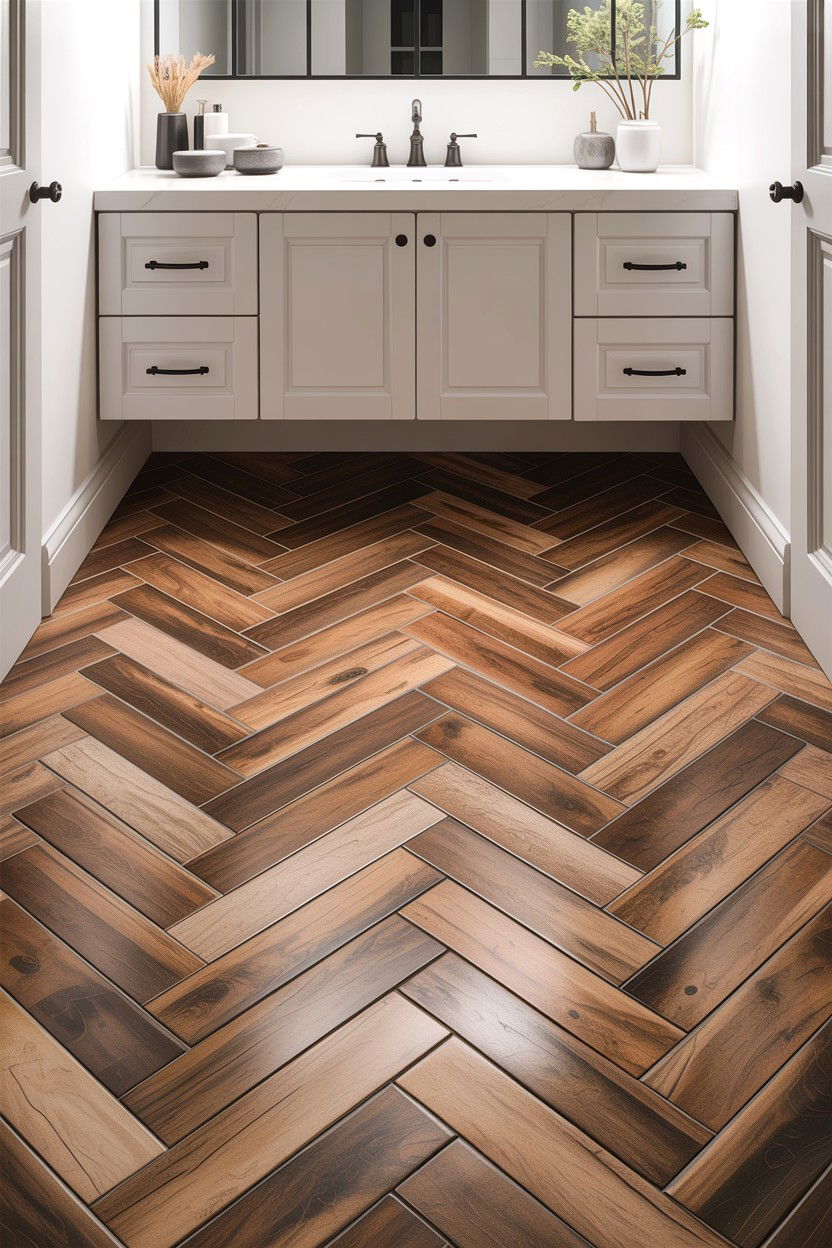 Wood look tile herringbone floor - 30 herringbone pattern bathroom ideas