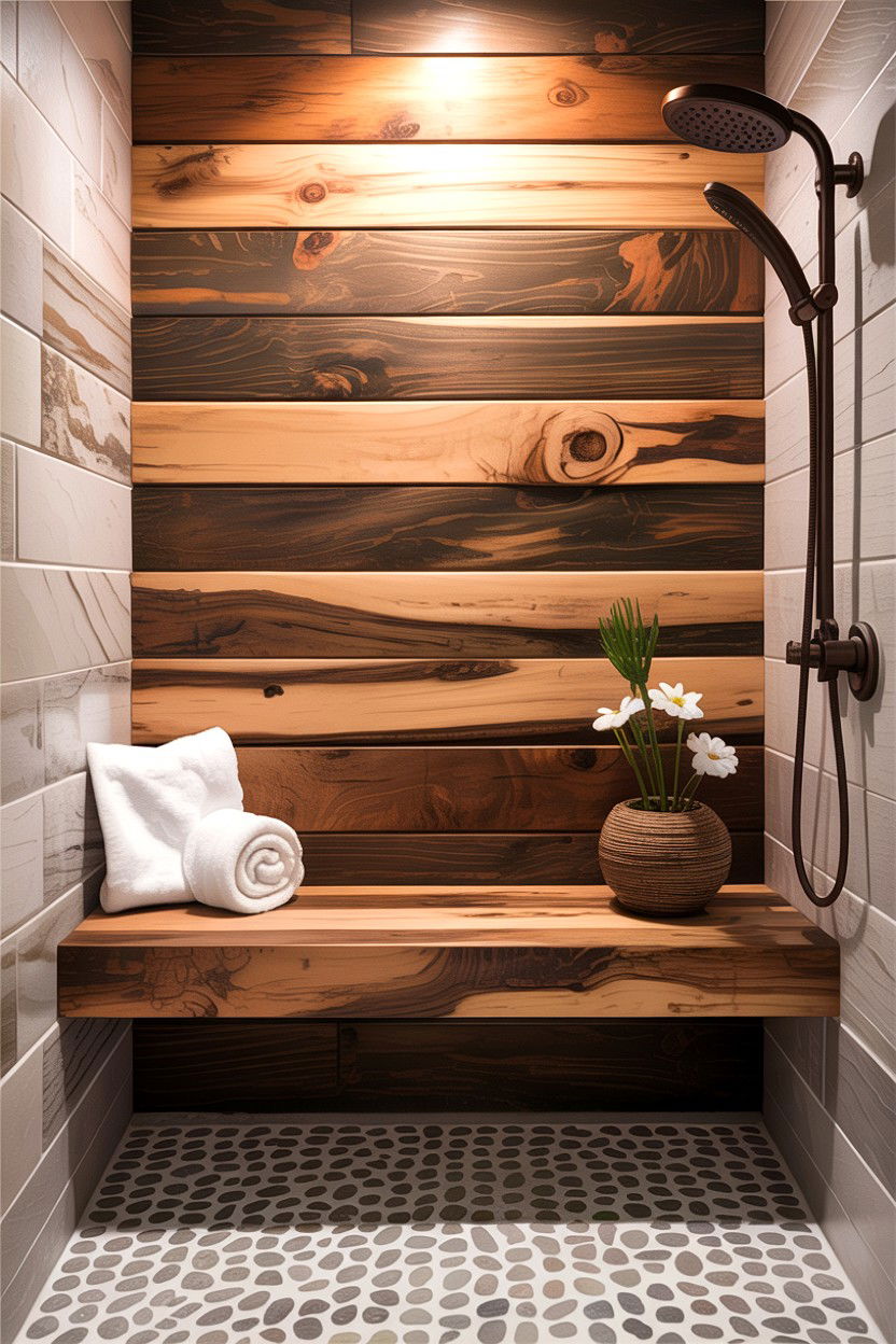 Wood shower bench - 30 bathroom built-in bench ideas