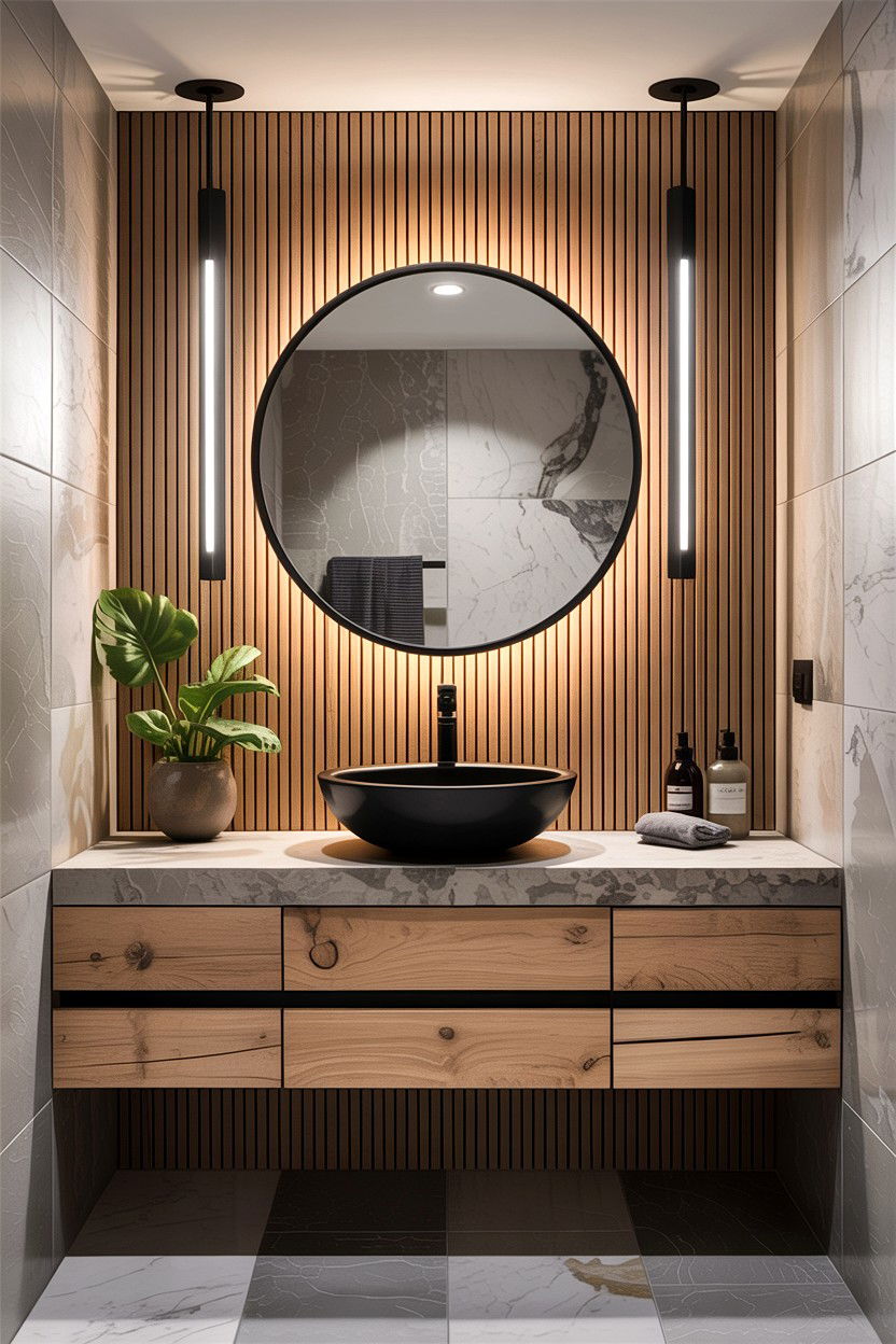 Wood slat wall bathroom - 30 bathroom accent wall ideas