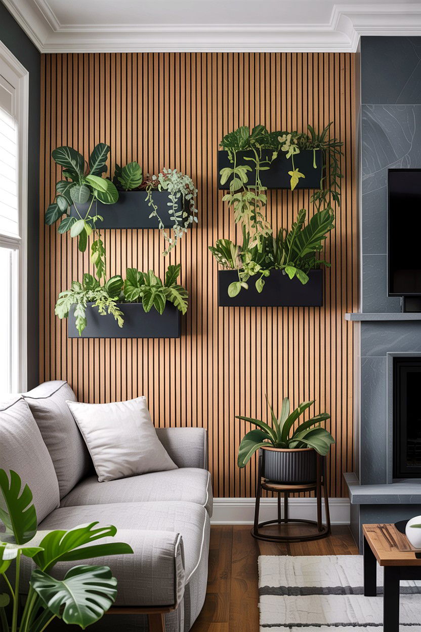 Wood slat wall living room - 30 jungle living room ideas