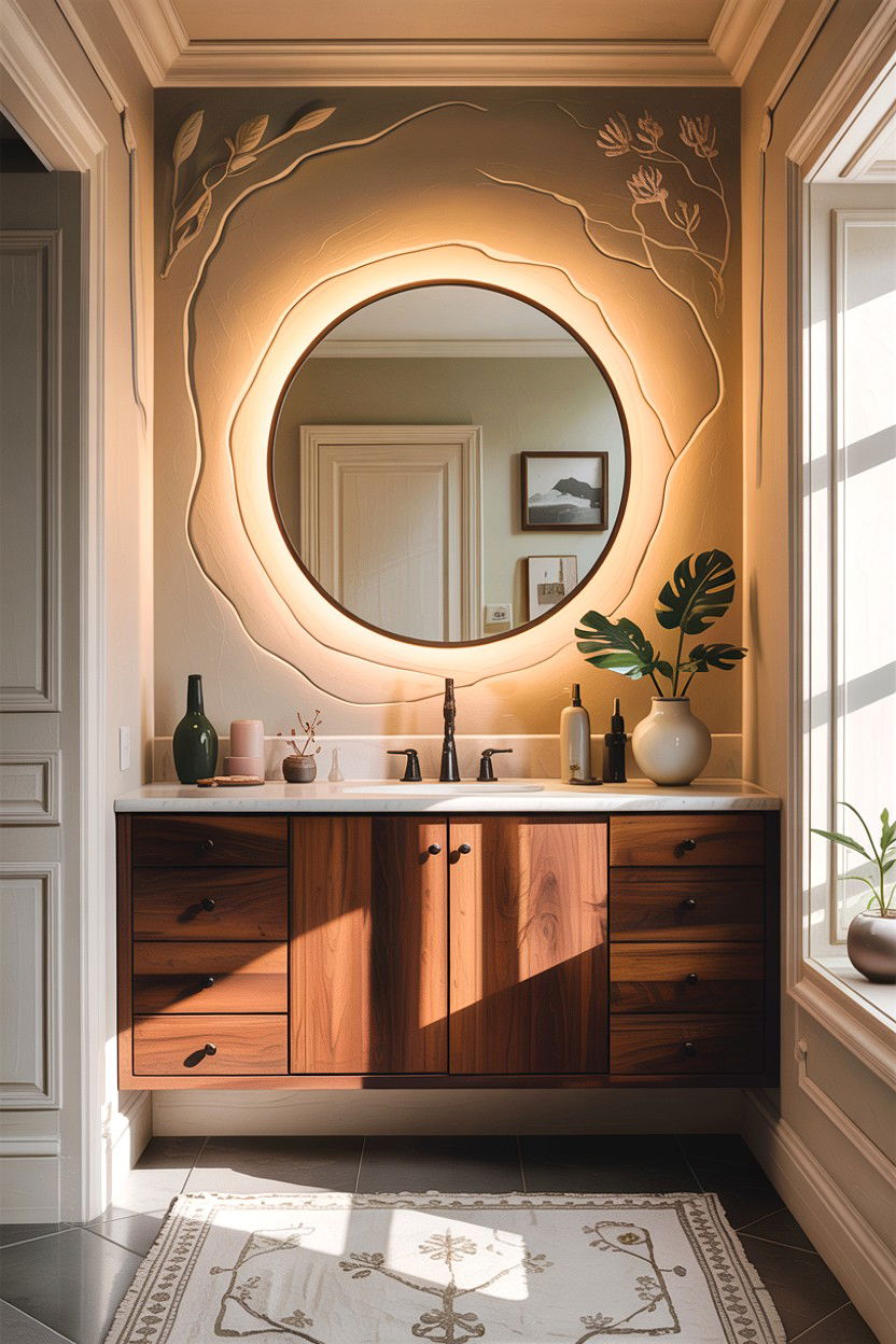 Wood vanity backlit mirror - 30 backlit bathroom mirror ideas