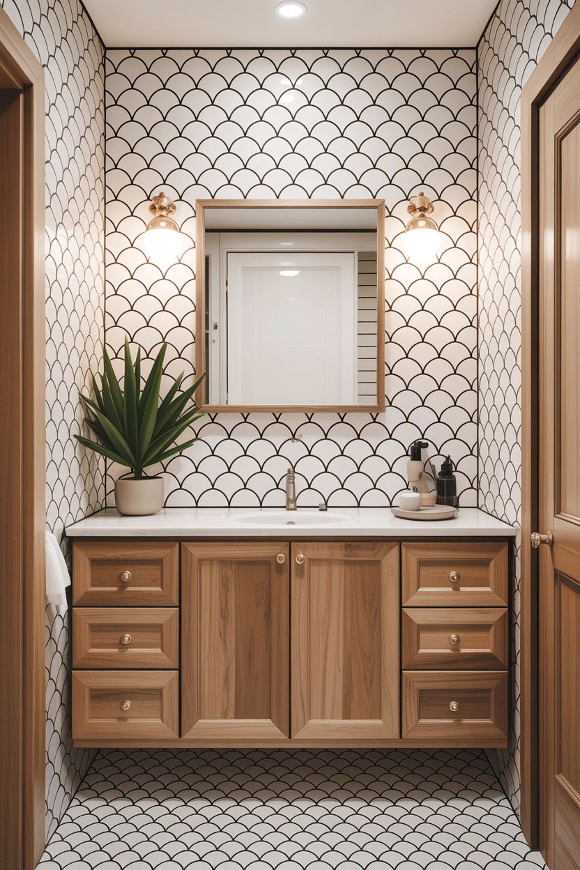 Wood vanity fish scale tile - 30 fish scale tile bathroom ideas