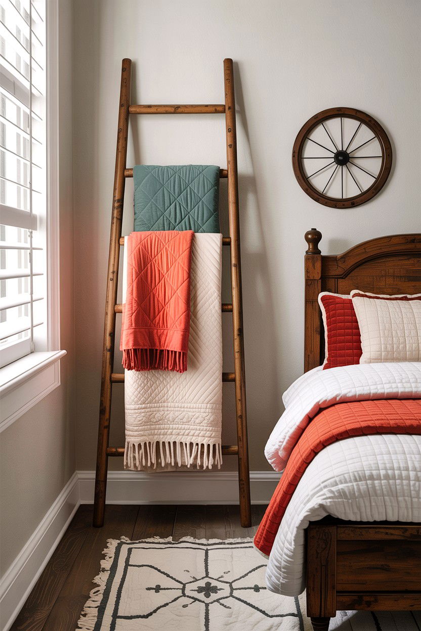 Wooden Blanket Ladder - 30 farmhouse bedroom ideas
