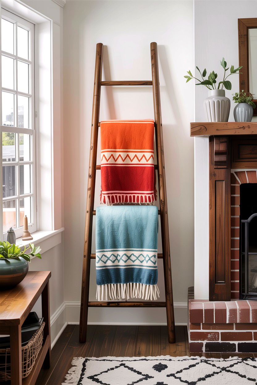 Wooden Blanket Ladder - 30 living room farmhouse furniture ideas