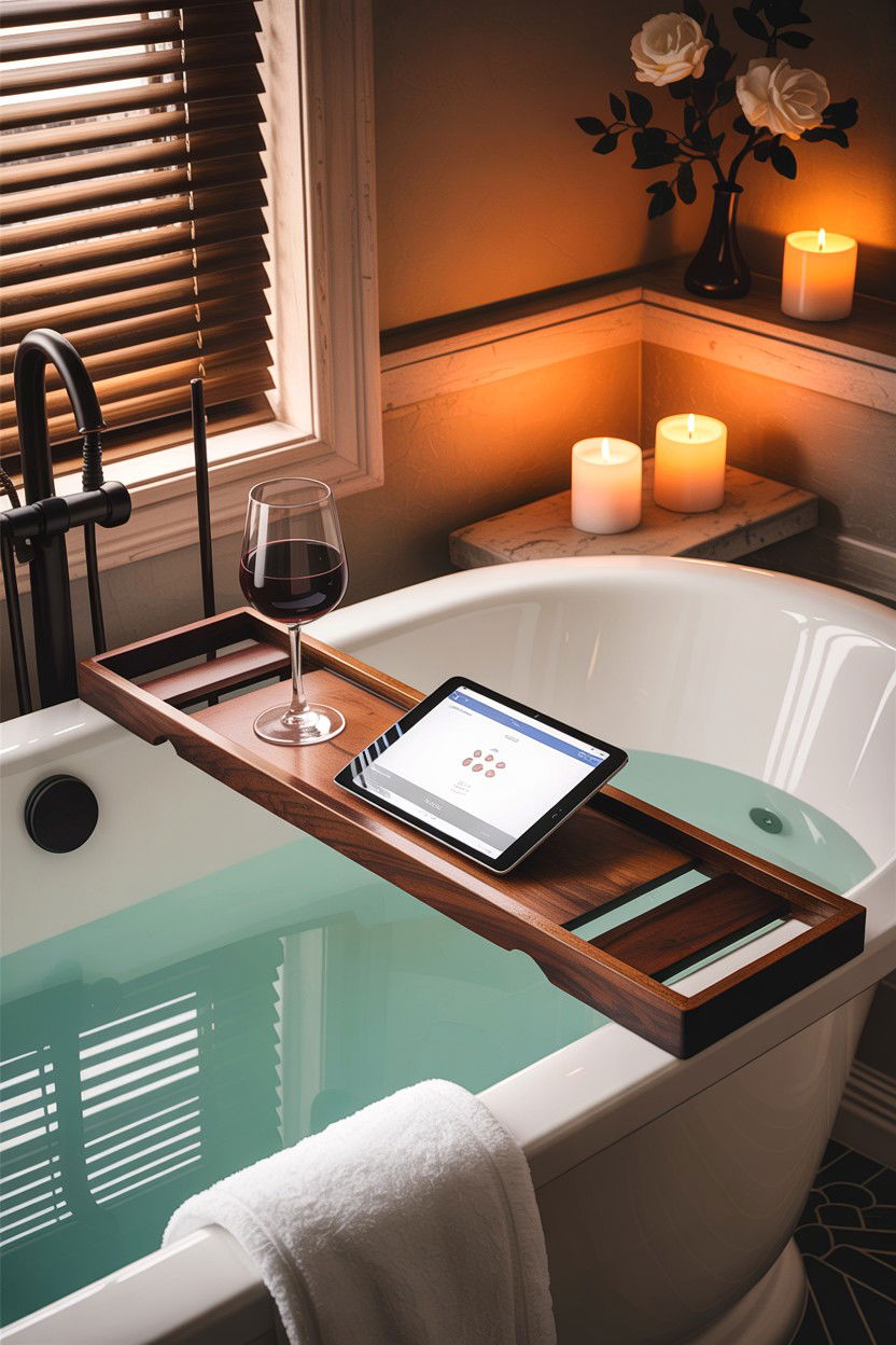 Wooden bathtub caddy - 30 home spa bathroom ideas