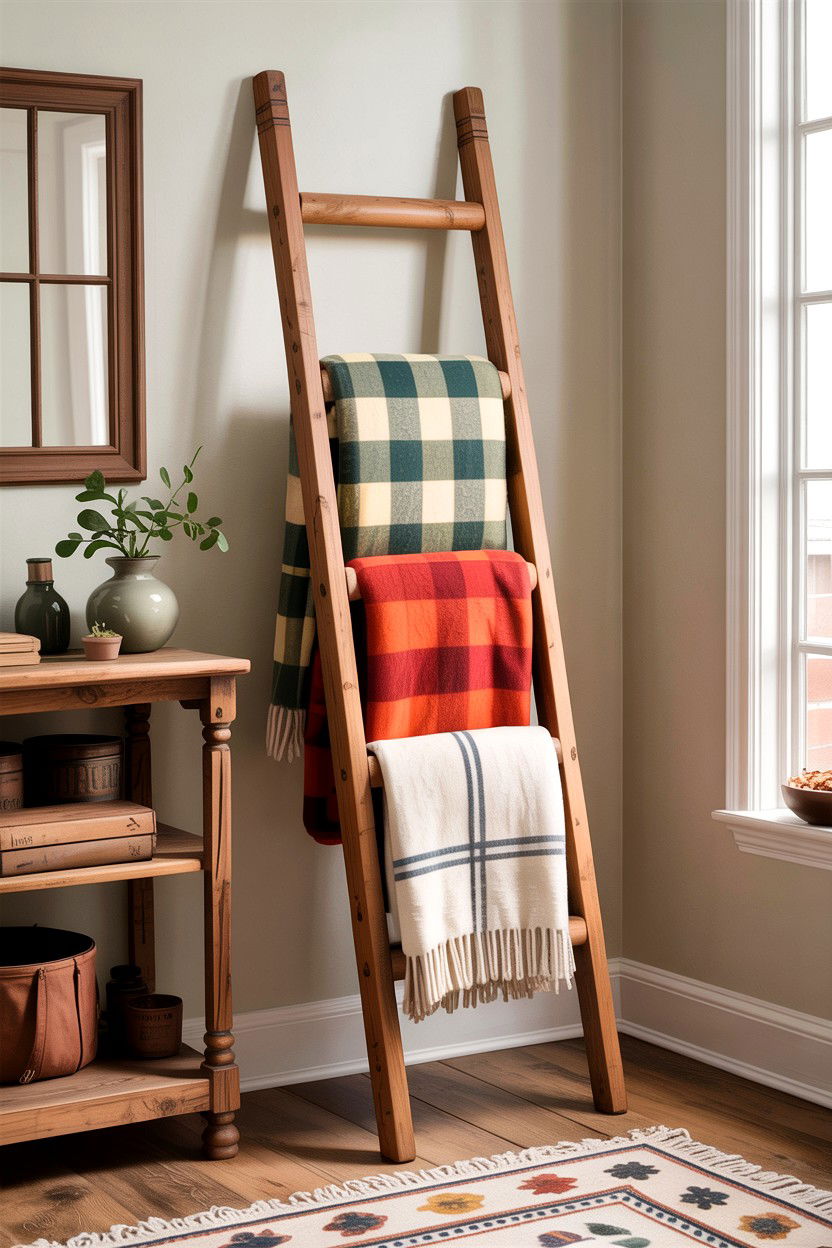 Wooden blanket ladder - 30 bedroom organization ideas