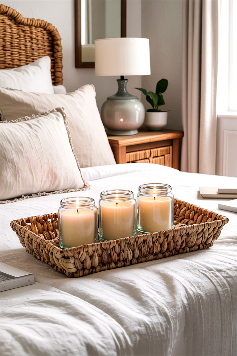 Woven Basket Candle Tray - 30 bedroom candle ideas