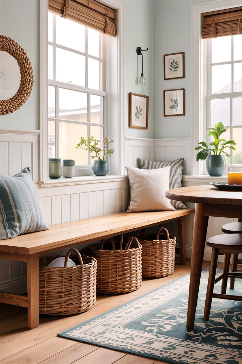 Woven Basket Storage Under Bench - 30 small dining room space storage ideas