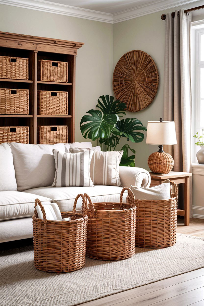 Woven Baskets - 30 rustic white living room ideas