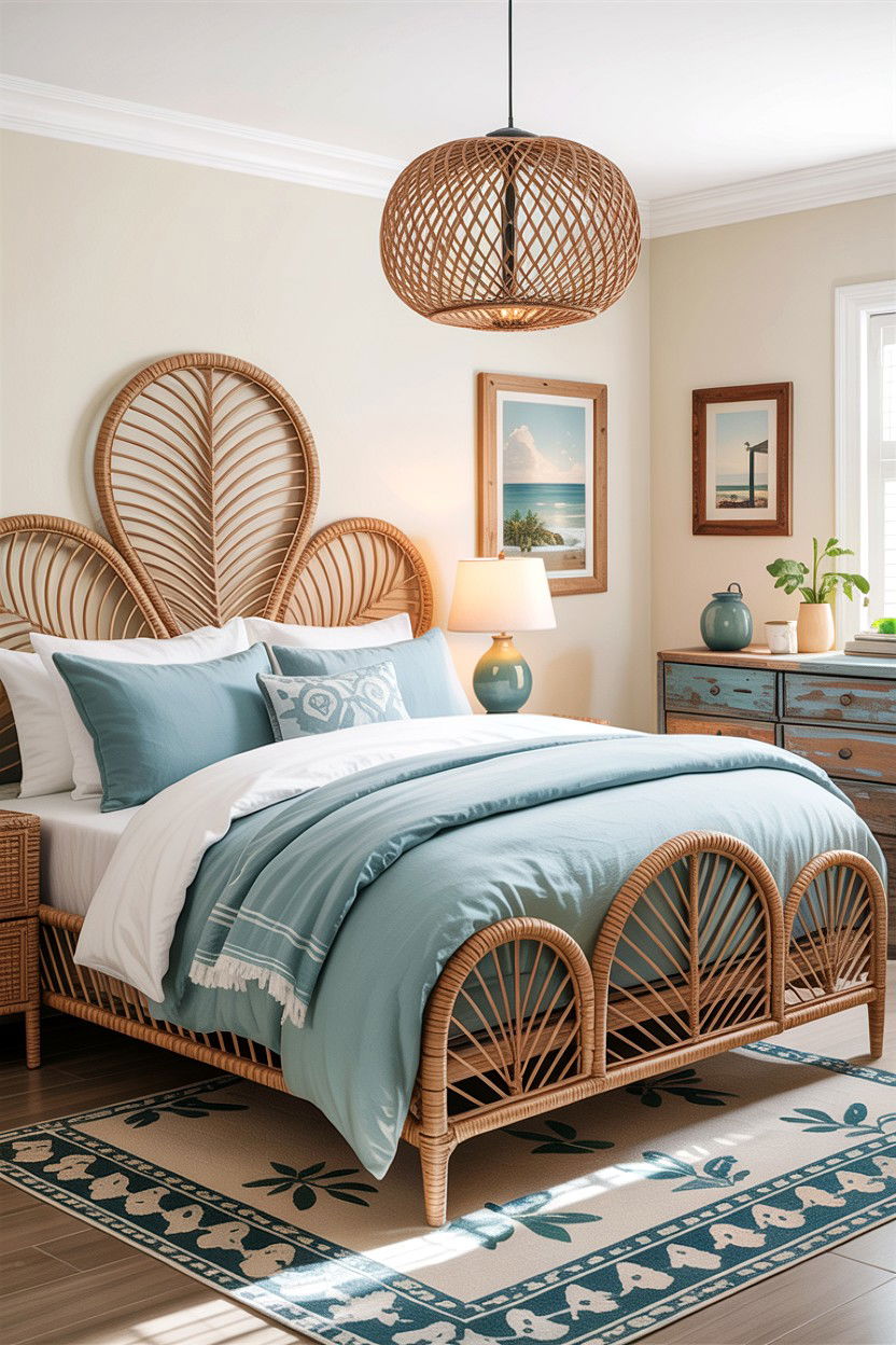 Woven Rattan Coastal Bedroom - 30 layered texture bedroom ideas