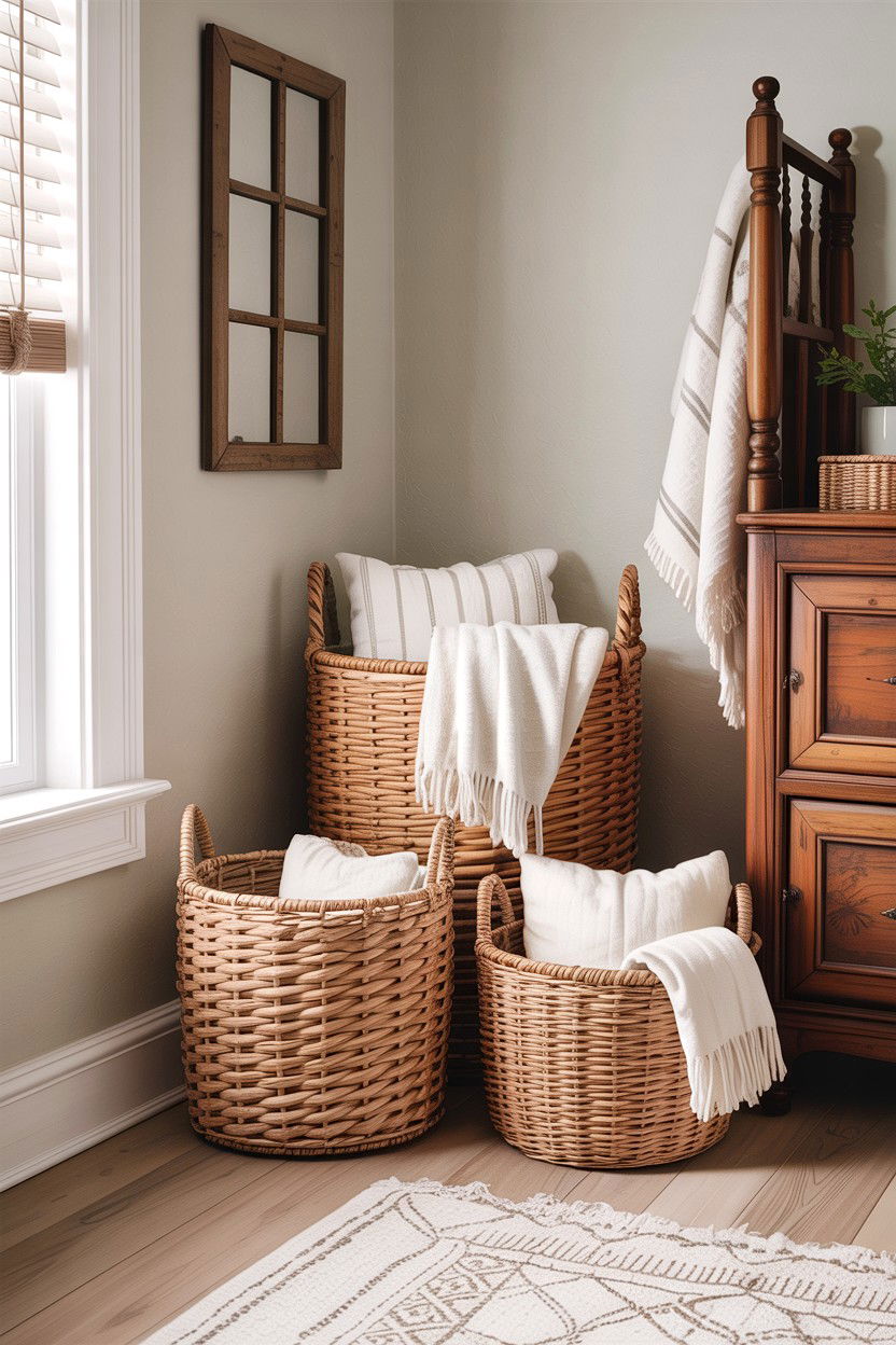 Woven Storage Baskets - 30 farmhouse bedroom ideas