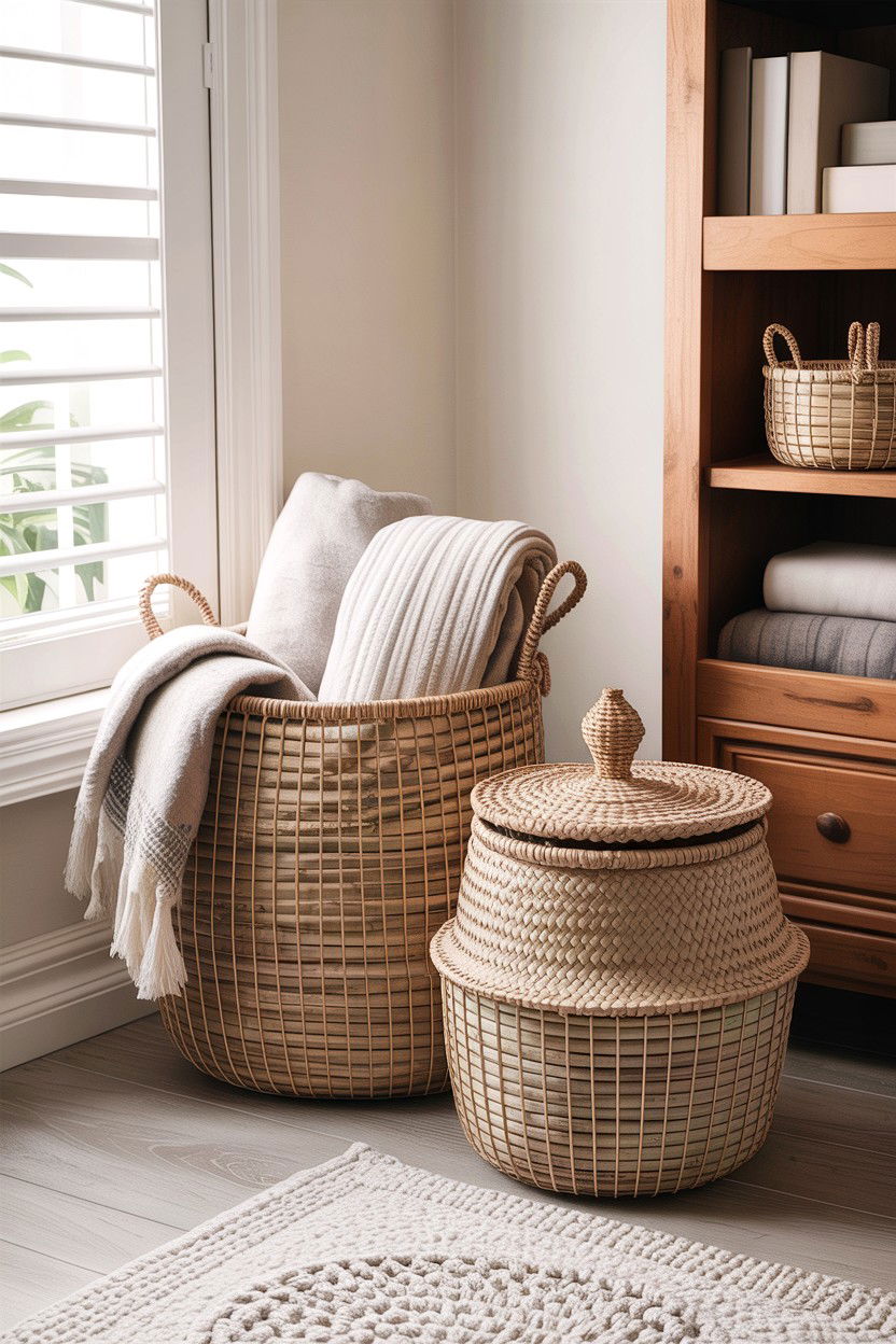 Woven Storage Baskets - 30 small living room space storage ideas