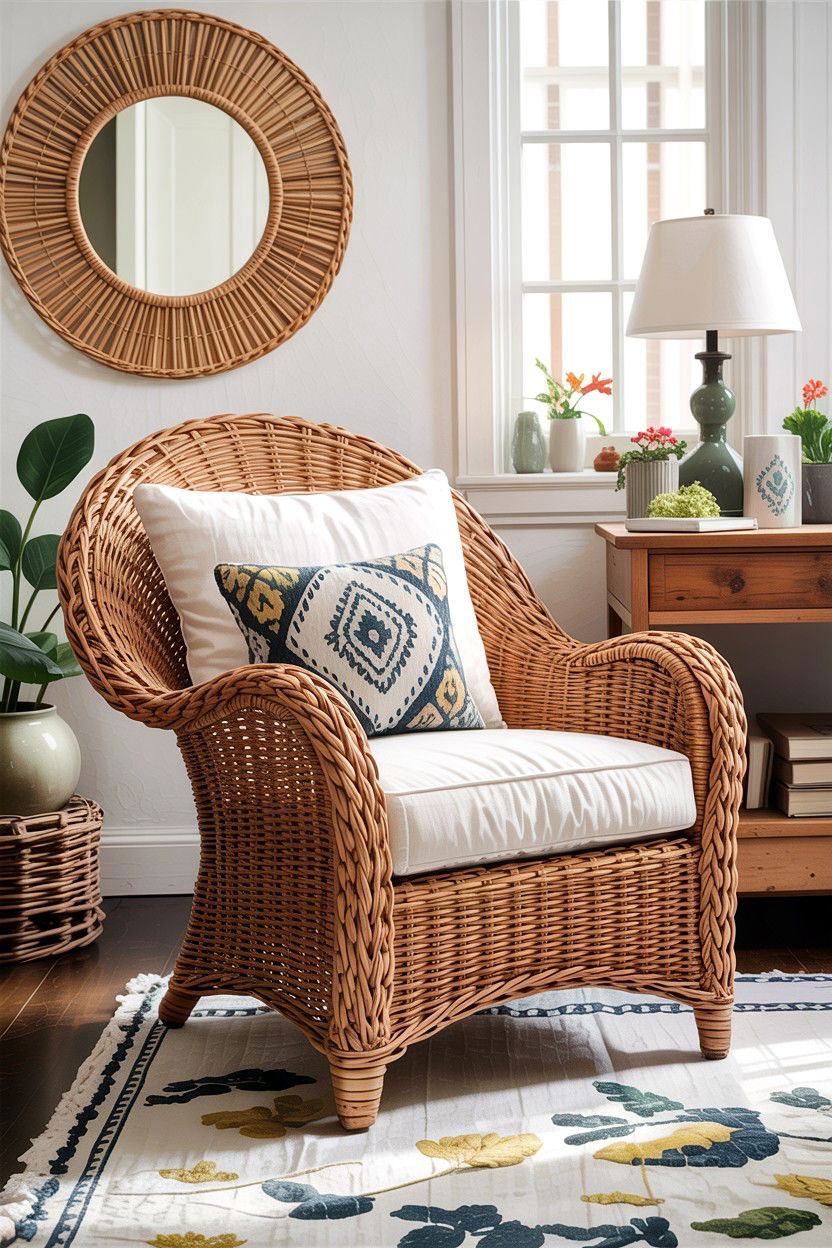 Woven Wicker Armchair - 30 living room farmhouse furniture ideas