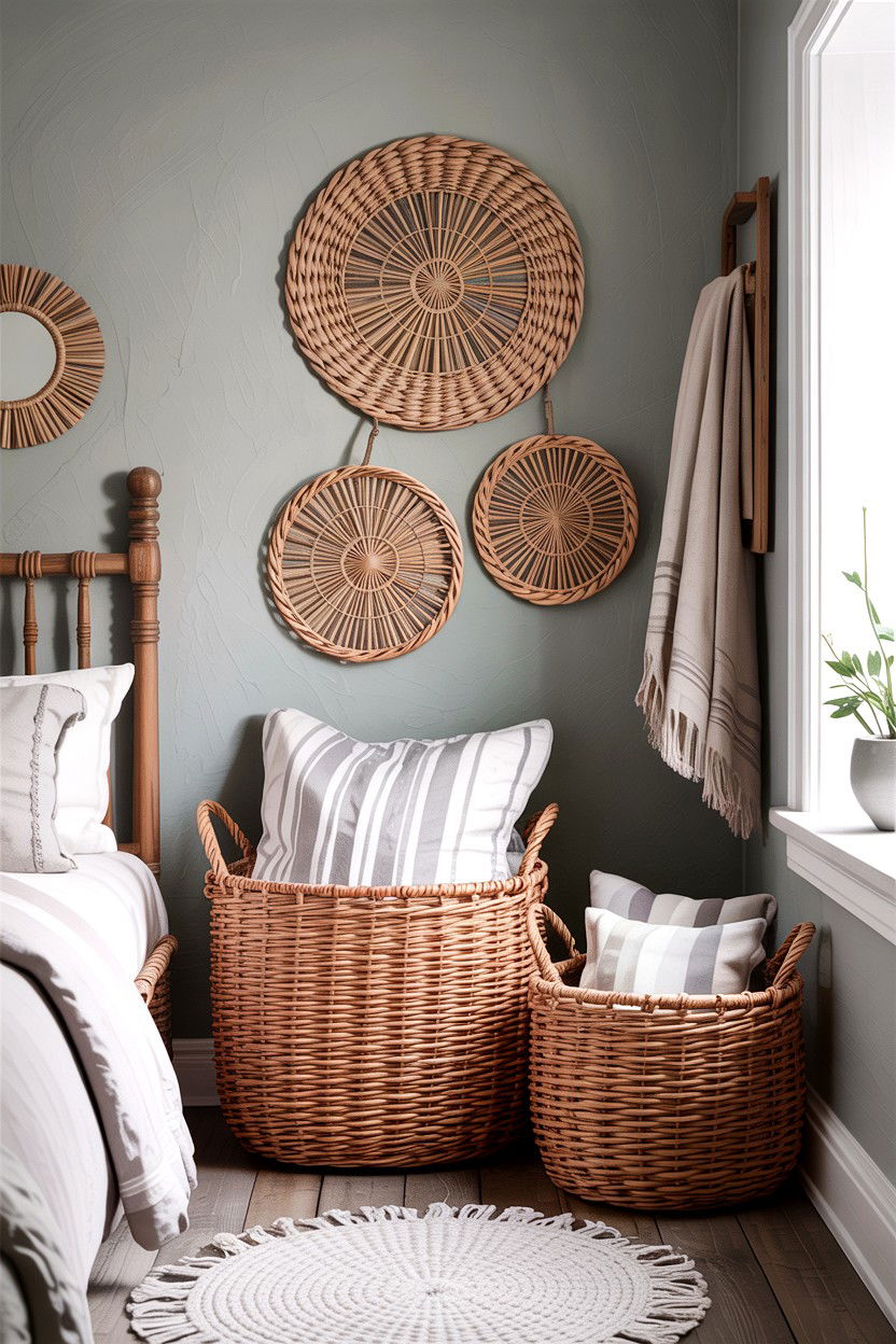 Woven Wicker Basket - 30 rustic grey bedroom ideas