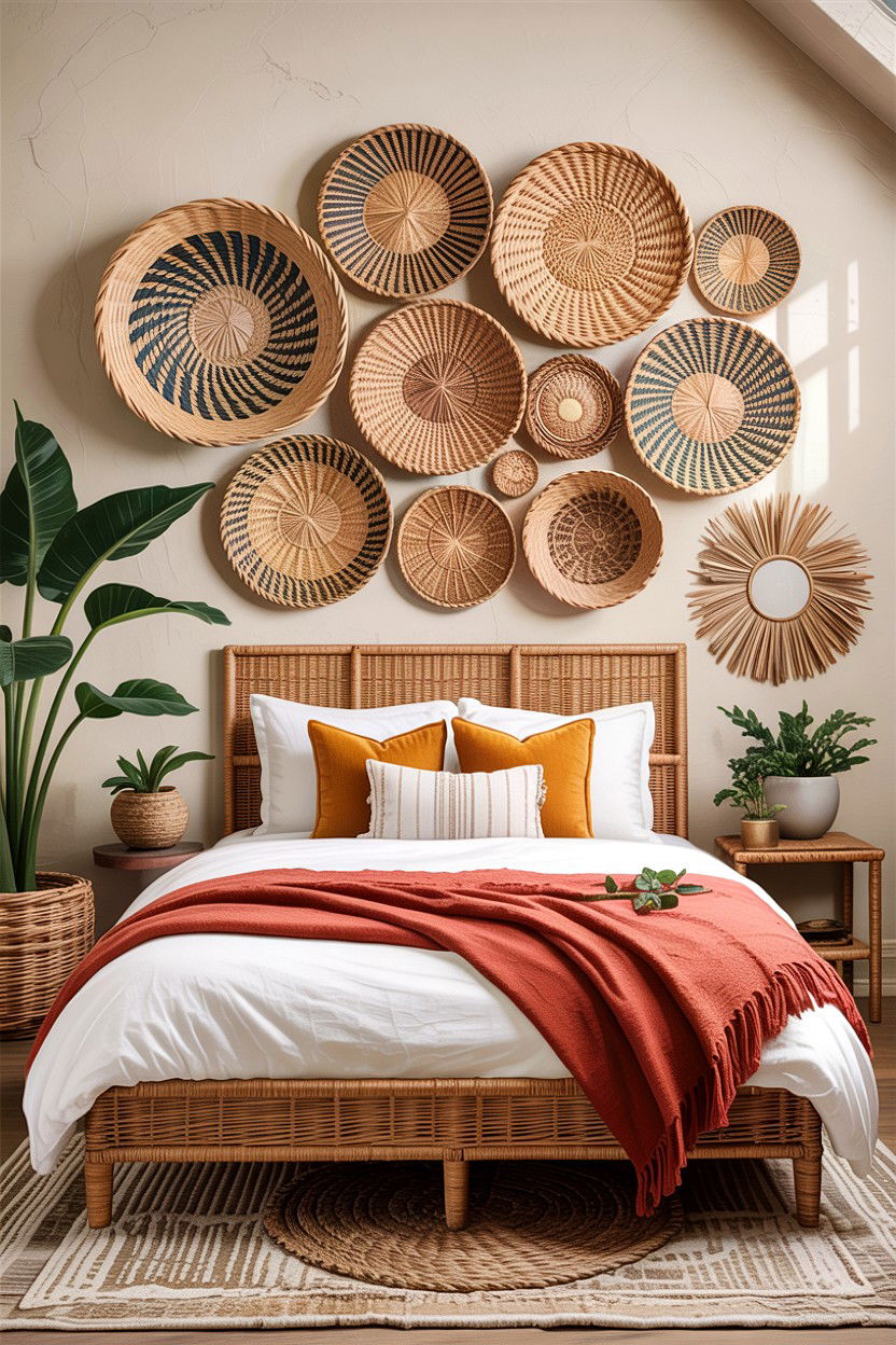 Woven basket wall bedroom - 30 bohemian bedroom ideas