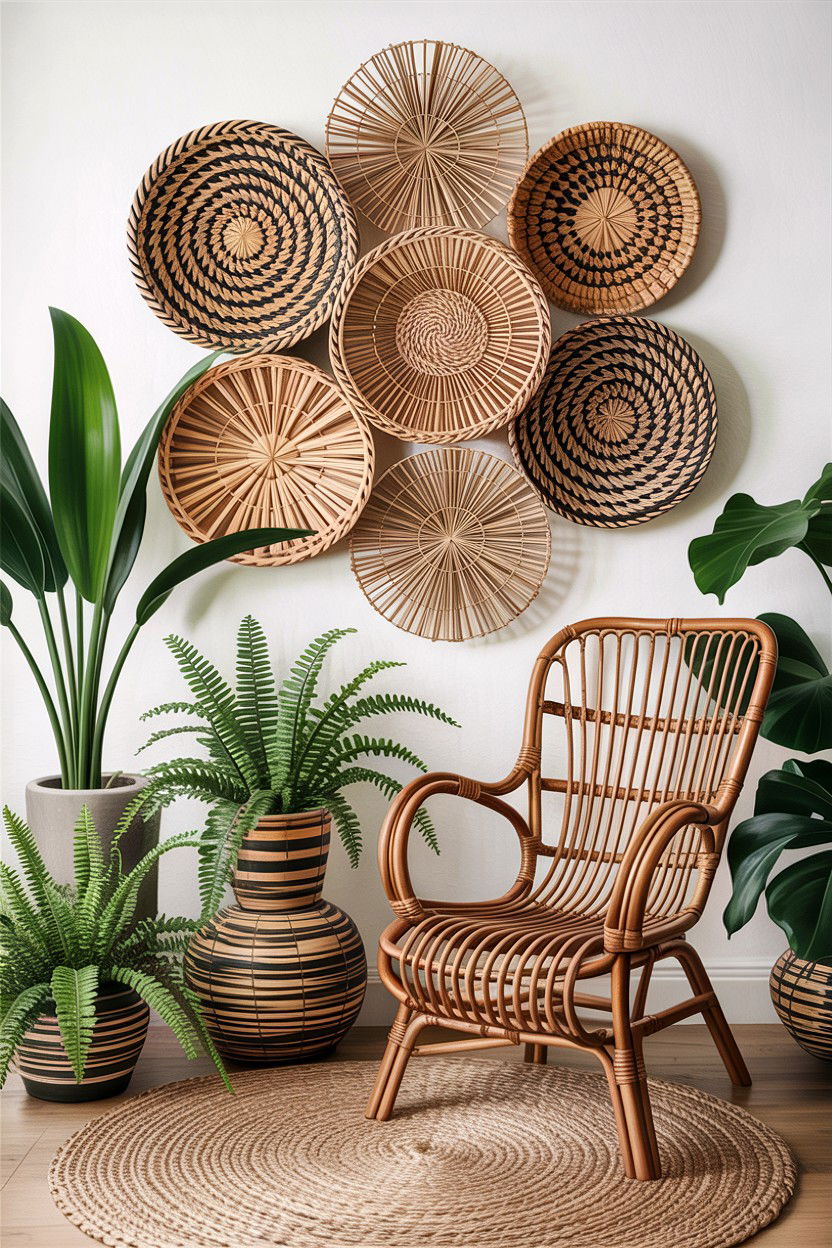 Woven basket wall decor - 30 jungle living room ideas