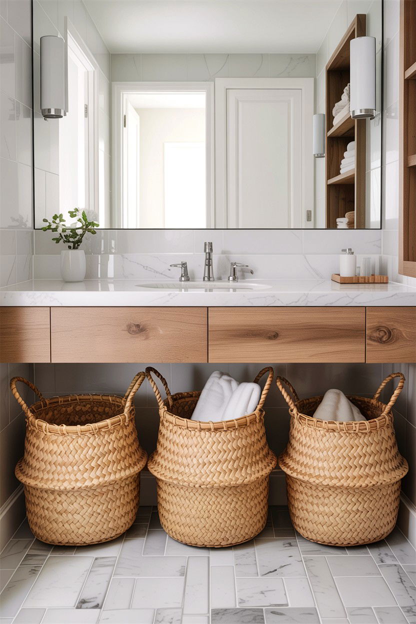 Woven baskets under vanity - 30 bathroom basket storage ideas