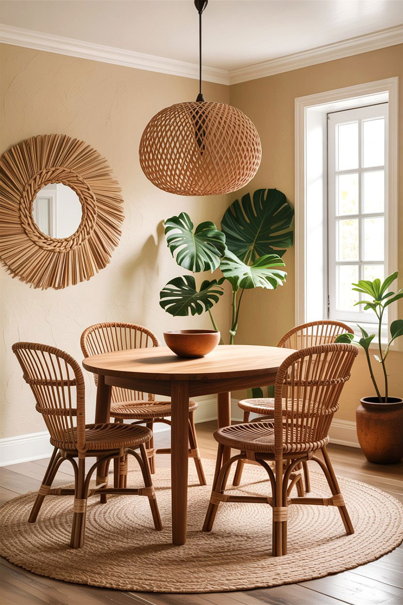 Woven rattan dining chairs - 30 warm beige dining room ideas