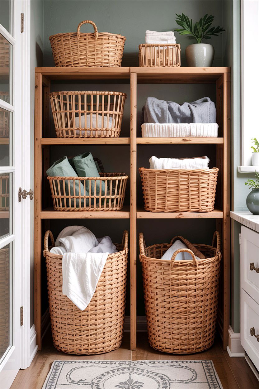 Woven storage baskets - 30 apartment bathroom ideas