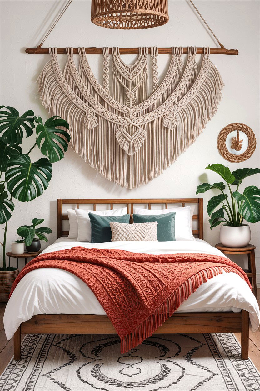 Woven wall hanging - 30 cozy texture bedroom ideas