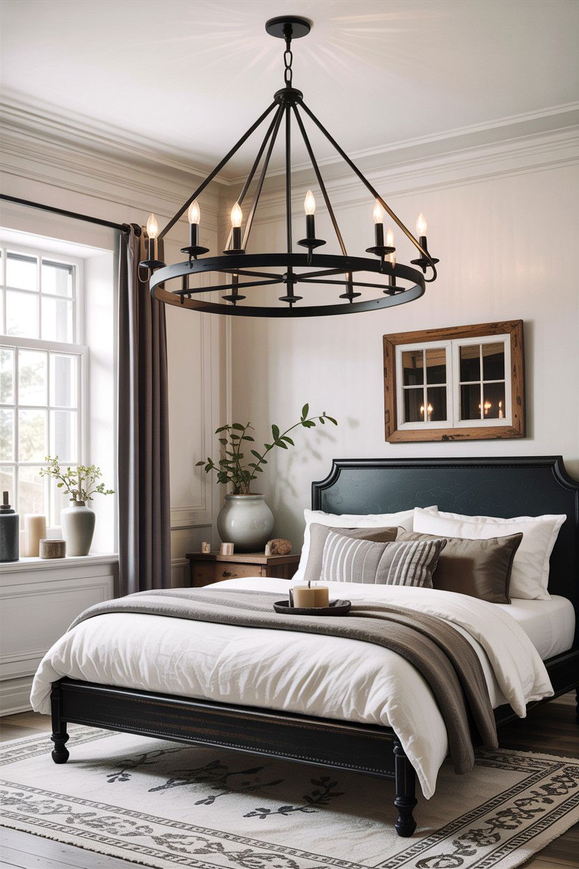 Wrought Iron Chandelier - 30 rustic grey bedroom ideas