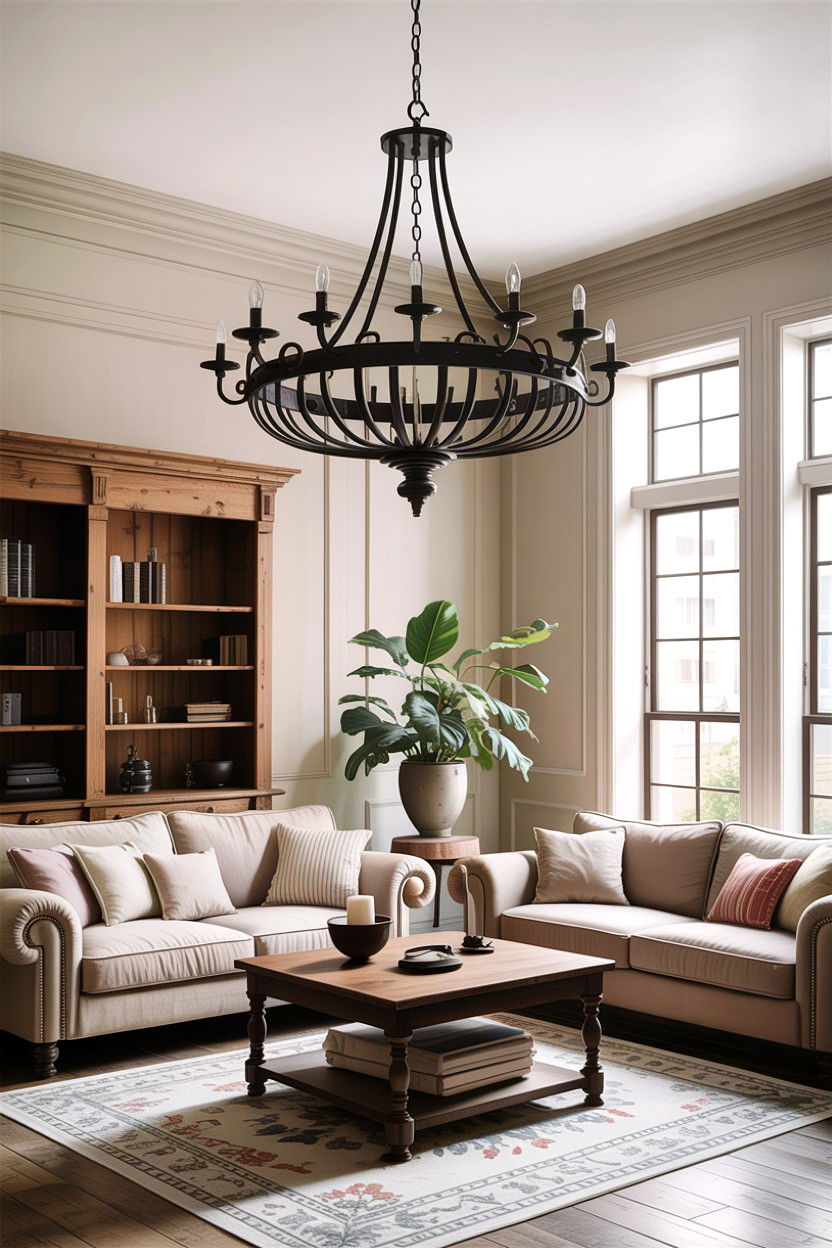 Wrought iron chandelier - 30 living room antique furniture ideas