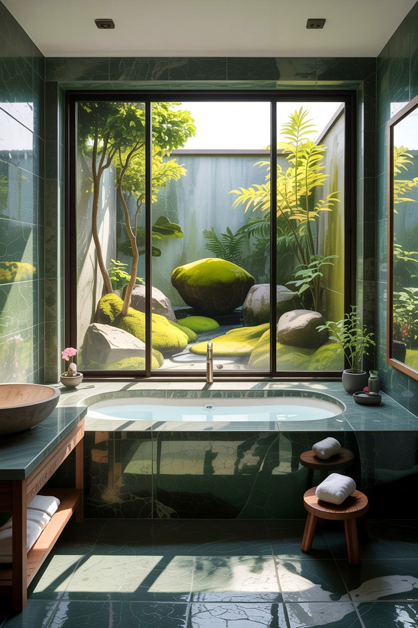 Zen garden bathroom view - 30 Japanese bathroom ideas