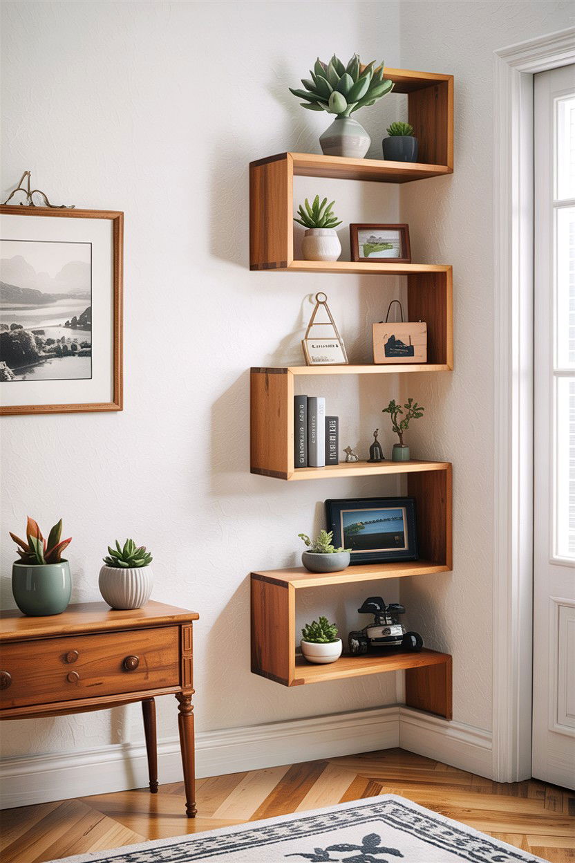 Zig zag corner wall shelf - 30 living room corner shelf ideas